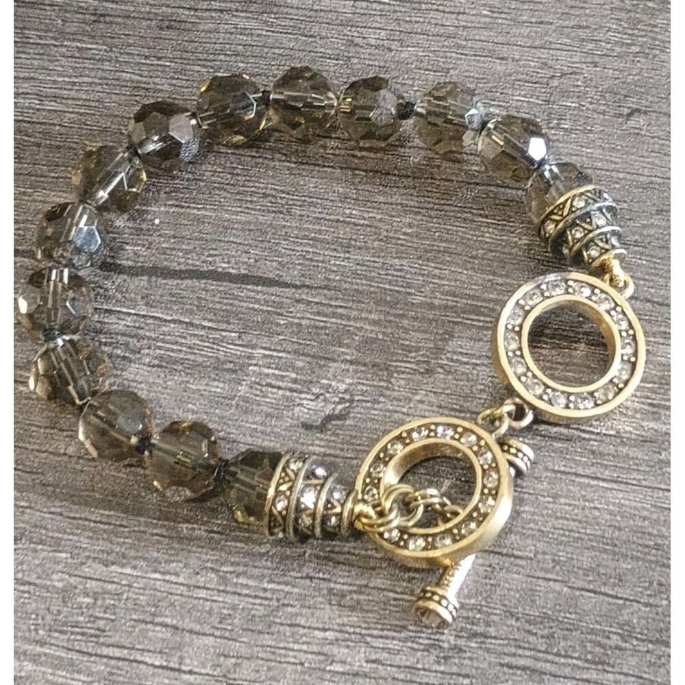 Heidi Daus Smokey & Clear Faceted Crystal Antique Gold Tone Toggle Bracelet